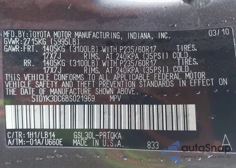 2011 Toyota Sienna Xle V6 z USA, uszkodzony, nr VIN 5TDYK3DC6BS021969